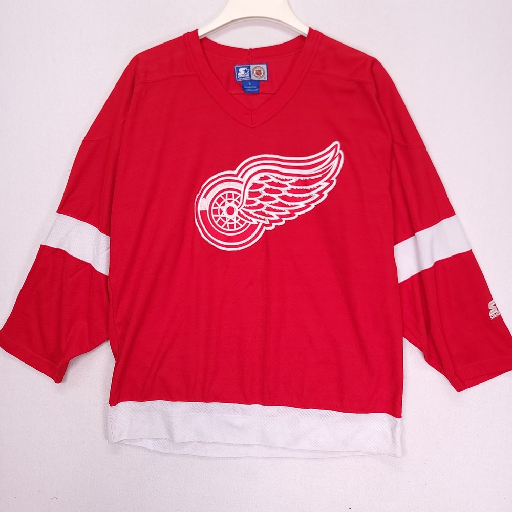 Vintage Starter Detroit Red Wings NHL Jersey Mens Large Red White Mesh V-Neck